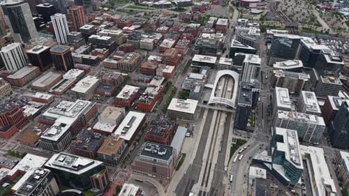 Aerial overview of the Union station district of Denver city, in cloudy CO, USA