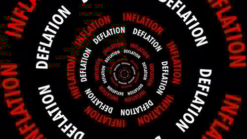 Infinite tunnel of Inflation and Deflation words looping on a black background