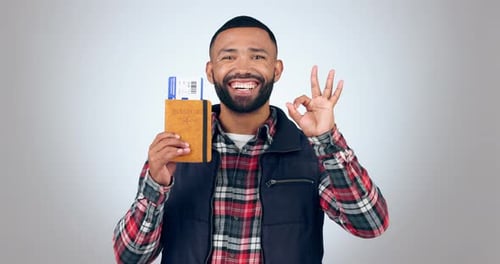 OK, man and face, plane ticket and travel promotion with review and agreement isolated on white