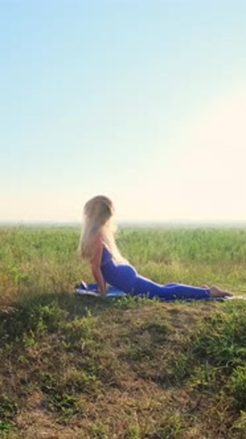 Woman Practicing Yoga in Downward Dog Pose on Mat in Serene Outdoor Setting with Sunlight