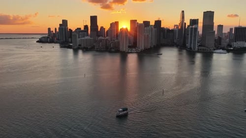 Miami Skyline. Sunset Biscayne Bay. Illuminated Cityscape. Downtown City.
