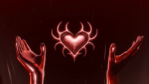 Futuristic Metallic Hands Holding Glowing Tribal Heart