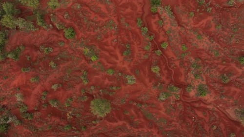 Aerial view of red earth and greenery, Greece.