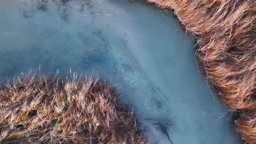 Top-down aerial view of a turquoise-blue river winding through dense golden-brown marsh grasses in M