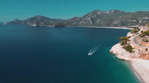 flying over a boat in the mediterranean sea in the turkish coast - Ölüdeniz - Turkey