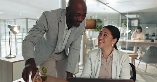 Businessman, laptop and coaching in team project, planning or tasks together at office