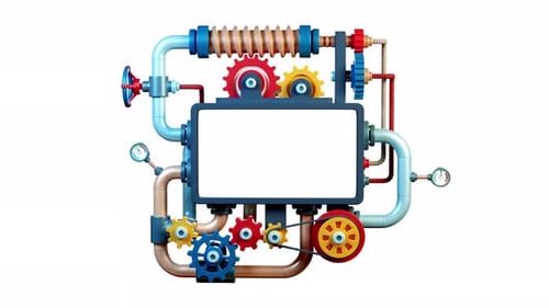 Colorful Animated Machine Display Frame with Moving Gears