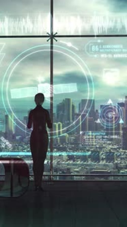 Futuristic HUD Interface with Rotating Satellite and Data Overlays