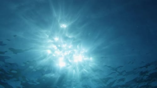 Sunbeams penetrating wavy ocean surface. Ocean background light shafts VFX element. Underwater tropi
