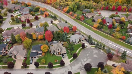 Aerial of a beautiful North American suburb neighborhood during autumn season