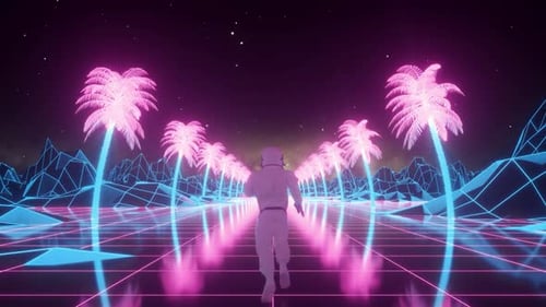 Astronaut Runs Surrounded By Flashing Neon Lights