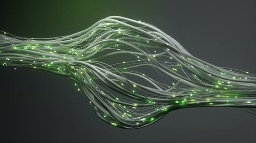 Flowing Green Illuminated Fiber Optic Cables Glowing in Dark Abstract Data Transfer Visual