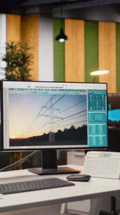 Computer Screen Displaying Electrical Tower at Office