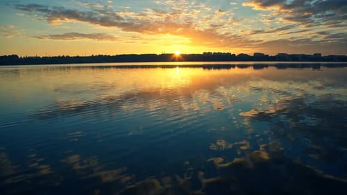 Sonnenaufgang über der Stadt und Spiegelung im See