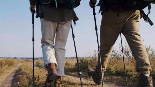 Friends Couple with Backpacks and Poles Walks Along Country Road