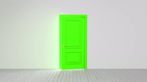 Green door opening on white background, revealing bright light