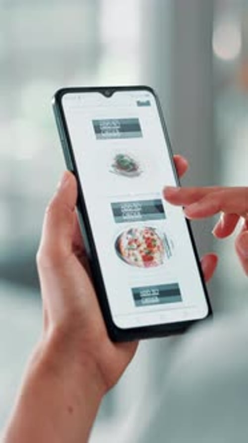 Food delivery, hands and phone screen with business person in office for takeout order