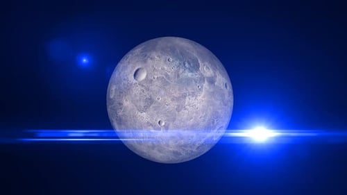 Rotating Moon-like Planet with Blue Lens Flare in Dark Space