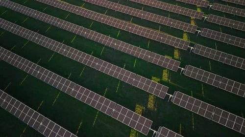Aerial View of Solar Panels Arranged in Precise Rows on Green Grass Capturing Sunlight to Produce
