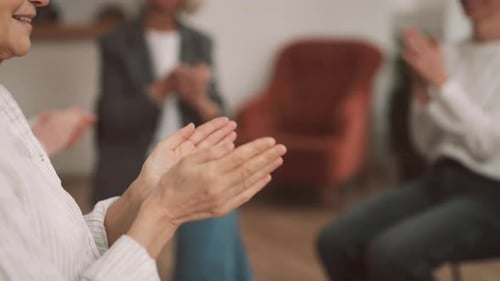 Meeting in Women Club Ladies Applauding and Cheering Closeup View of Hands Women Community for