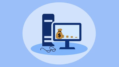 Computer Screen Money Bag Dollar Coin Graph Bar Blue Color Animation