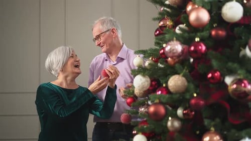 Senior Couple Decorating Christmas Tree with Affection