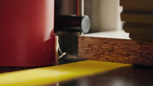 Closeup of Carpenter Cutting a Wooden Plank Circular Saw on Wooden Factory Furniture Production