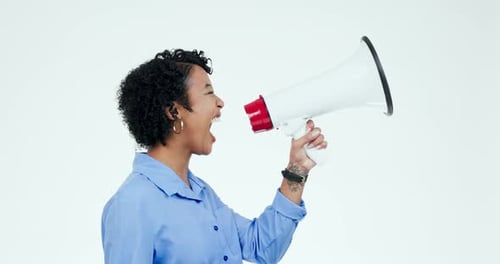 Speech, megaphone and woman with support, announcement and protest on a white studio background
