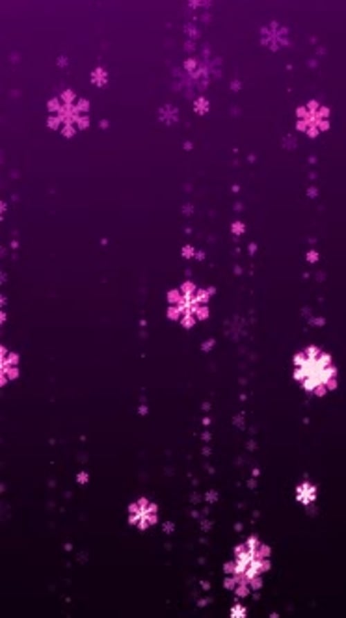 Purple glitter glowing snowflakes falling in soft shimmering motion