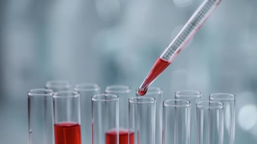 Du sang s'écoule de la pipette dans les tubes à essai.