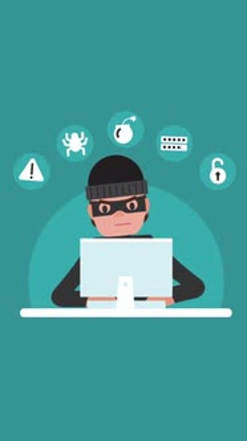 Hacker con computadora portátil robando contraseñas y robando datos confidenciales en vertical