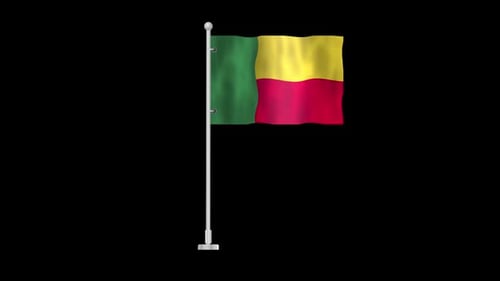 Animated Benin Flag Waving on White Flagpole