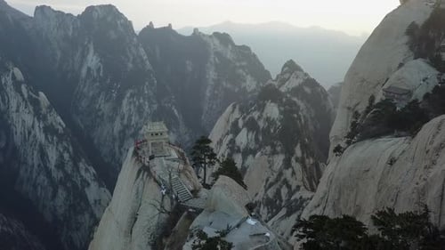 Picturesque pavilion for chess on granite outcrop of Huashan Mountain