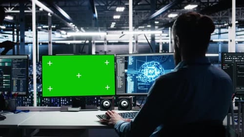 Server Room Technician Using AI on Green Screen PC