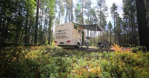 Camper Parked in a Beautiful Green Forest