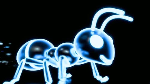 Glühende blaue Neonameise, die auf schwarzem Hintergrund läuft, Nahaufnahme