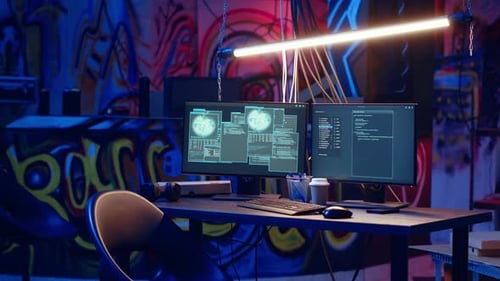 Workspace with Graffiti, Computers, and Coding Details