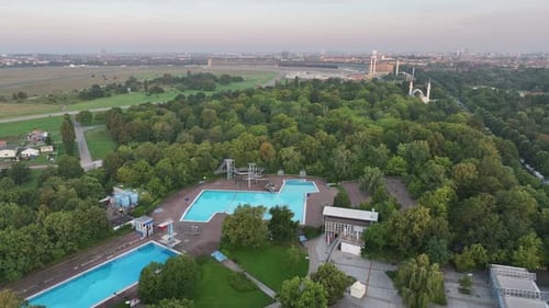 Aerial view of pools and greenery, Germany.