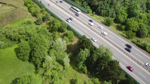 Cars Traffic on Multi-Lanes Countryside Highway, Vehicles Moving on Both Sides of the Road, Surround