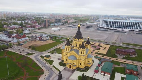 Cathedral in Nizhny Novgorod and the Embankment of the Oka River