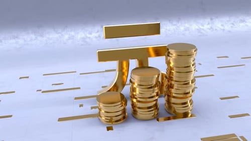 Renminbi Currency Symbol With Gold Coins Tower