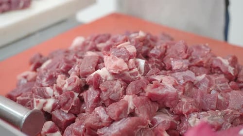 Freshly Chopped Meat Prepared for Cooking in Kitchen