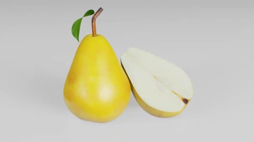 3D Animated Yellow Pear Rotating with Sliced Half