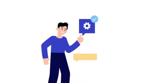 Animated Man Points to Gear and Checkmark Icon