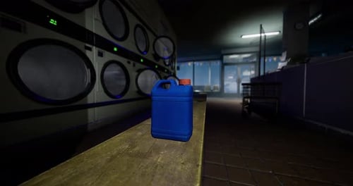 Contenedor azul colocado sobre un banco de madera en una lavandería con poca luz