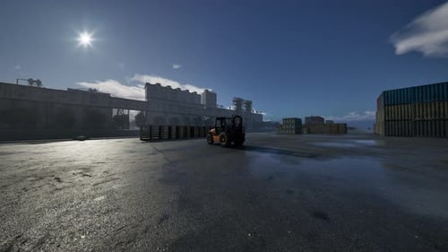 Forklift Operating in a Cargo Port with Industrial Background