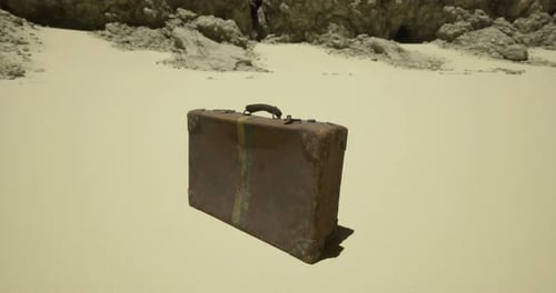 Vintage Suitcase Resting on Sandy Beach Near Rocky Cliffs in Sunlight