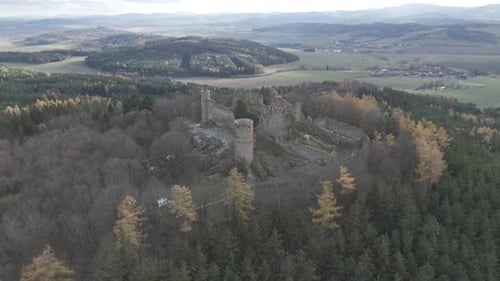 Aerial video above Helfenburk u Bavorova castle ruins aerial view in Czech Republic