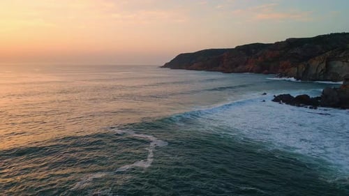 Ocean Waves Sunset Beach Nature Sea Water Splashing Rough Cliffs Evening Coast