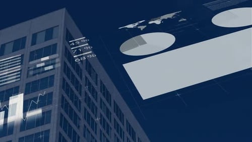 Financial and statistical data processing over tall building against blue background